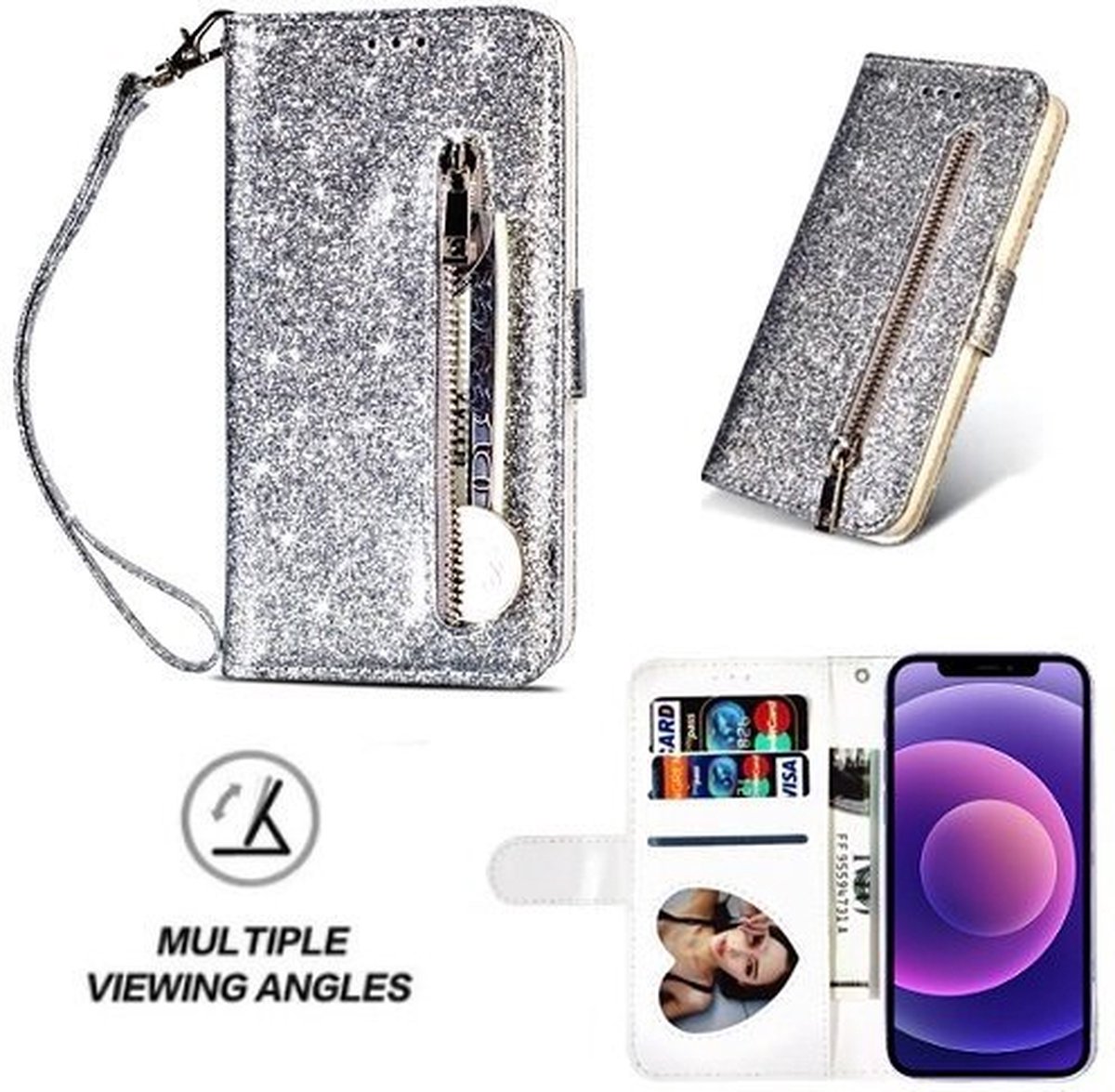 iPhone 12 Glitter Hoesje Met Pasjeshouder Bookcase Zilver
