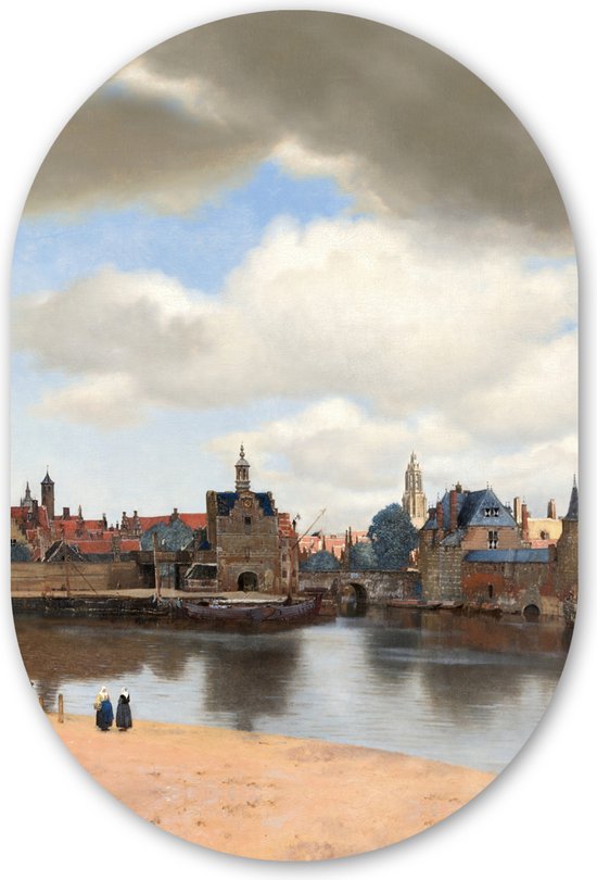 Muurovaal - Kunststof Wanddecoratie - Ovalen Schilderij - Gezicht op Delft - Schilderij van Johannes Vermeer - 60x90 cm - Ovale spiegel vorm op kunststof