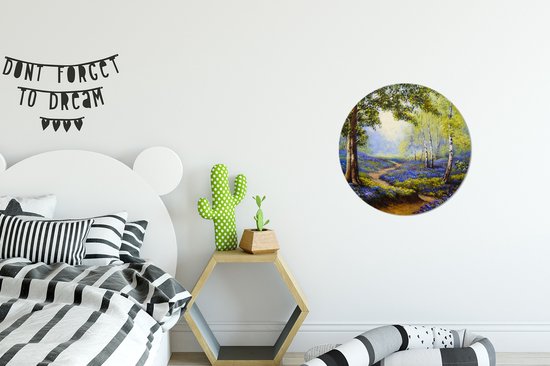 Cercle mural - Nature - Forêt - Bouleau - Fleurs - Peinture à l'huile - Peinture - 30x30 cm - Cercle Décoration murale ronde