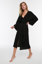 Trendyol Standaard mouw Basis Zwarte maxi-kimono en kaftan van 100% katoen met riem en geweven strepen Accessoires TBESS21KM0008