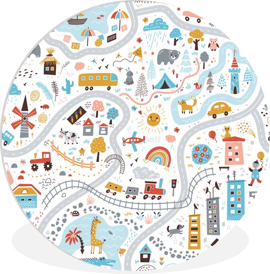 WallCircle - Wall Circle - Wall Circle Indoor - Enfants - Voiture - Ville - Animaux - 150x150 cm - Décoration murale - Peintures Ronds