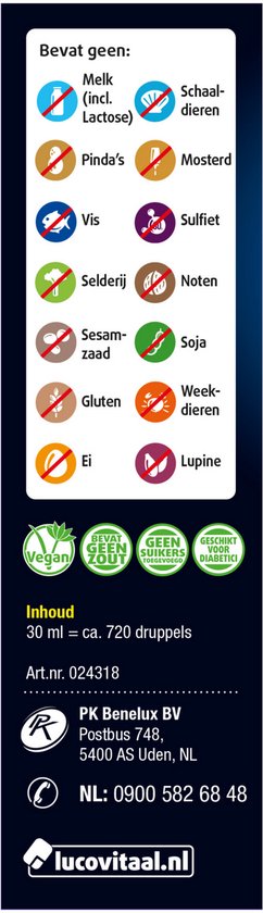 Lijst met allergenen: geen melk, pinda's, vis, selderij, sesamzaad, gluten, ei, schaaldieren, mosterd, sulfiet, noten, soja, weekdieren, lupine. Vegan, glutenvrij, suikervrij.
