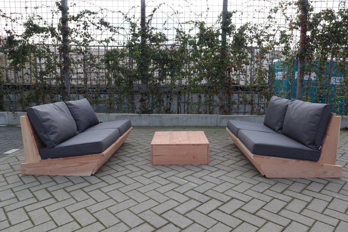 Set van 2 bankjes 120cm & tafel “Sauna” van douglas hout – Antraciete kussens – relax bank set – Loungebank – Lage zetel - 4 persoons