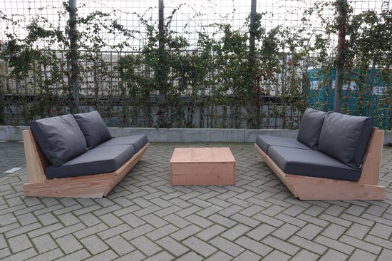 Foto: Set van 2 bankjes 120cm tafel sauna van douglas hout antraciete kussens relax bank set loungebank lage zetel 4 persoons