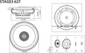 Technische tekening van de JBL Stage3 627 luidspreker met afmetingen en montage-informatie.