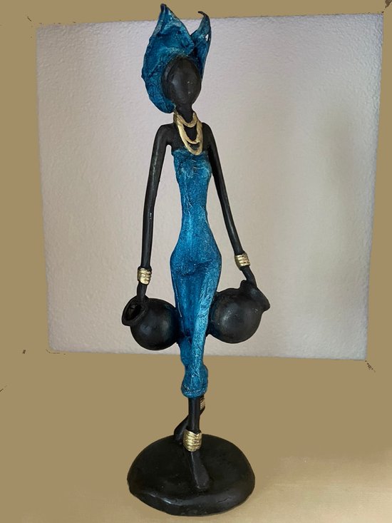MooGoo AfricanArt - vrouw in blauwe jurk met twee kruiken - 27cm - brons - kunst -