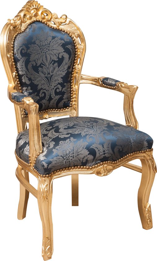 Foto: Biscottini relaxstoel fauteuil in shabby chic stijl massief beukenhout damastblauw antiek goud afwerking eetkamerstoel met armleuning 60x60x107cm