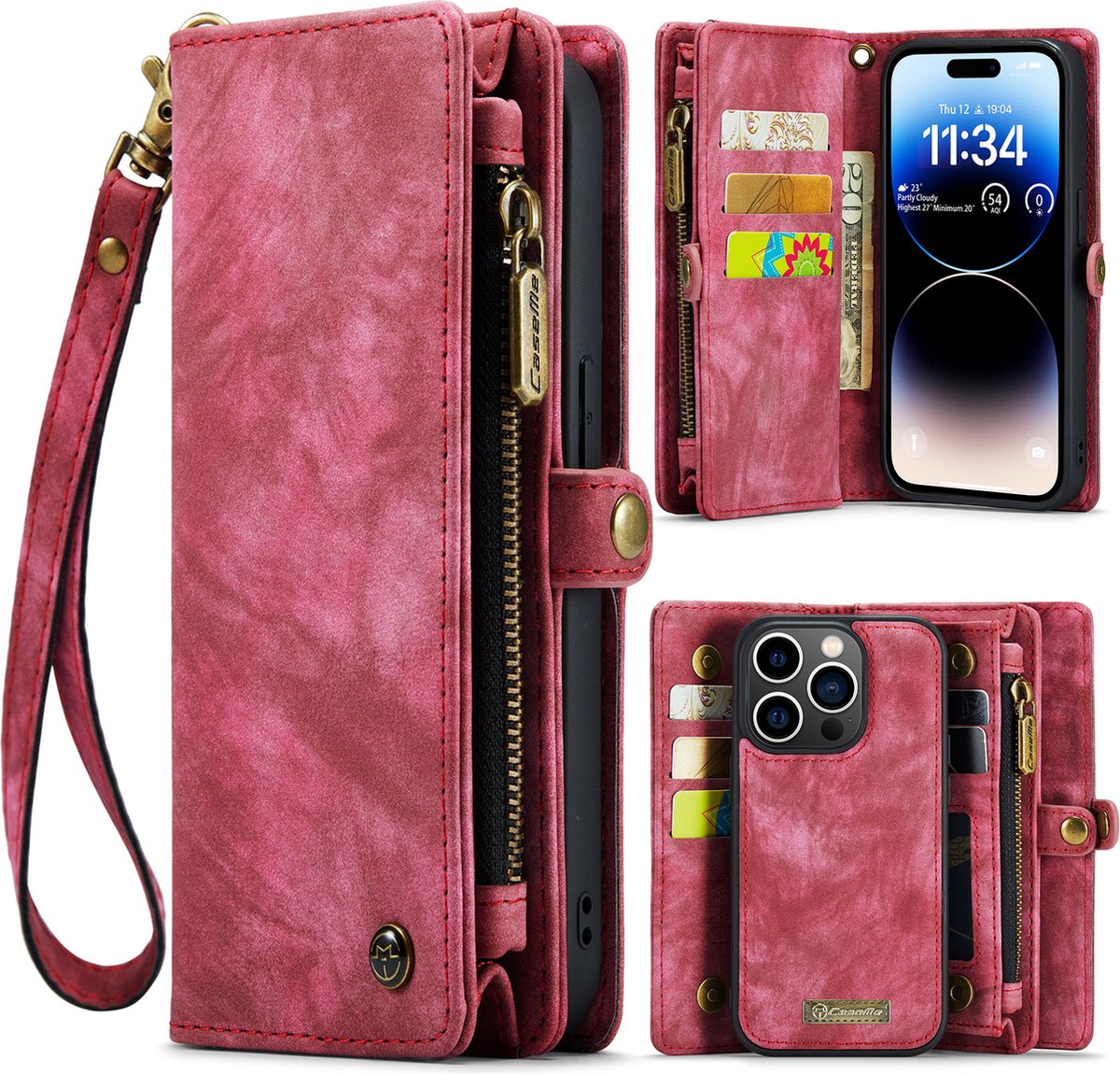 Caseme Geschikt Voor iPhone 14 Pro Max hoesje - Vintage Portemonnee Rood