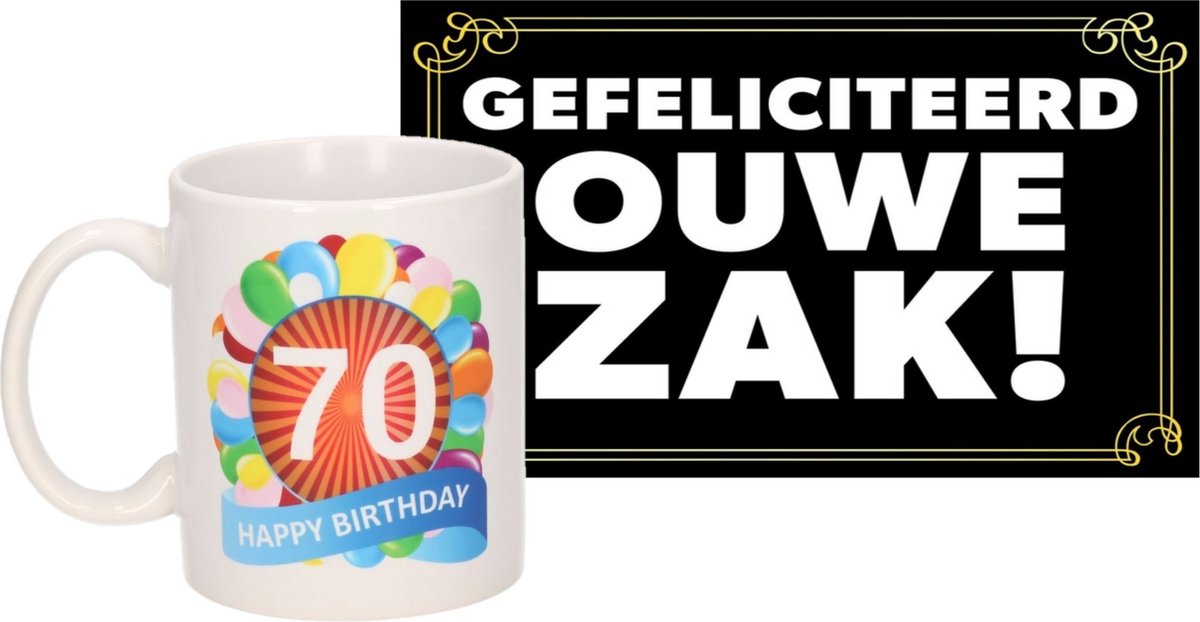 Verjaardag cadeau mok/beker 70 jaar print 300 ml + A5-size wenskaart ouwe zak
