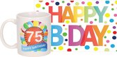 Verjaardag cadeau mok/beker 75 jaar print 300 ml + A5-size wenskaart Happy Birthday