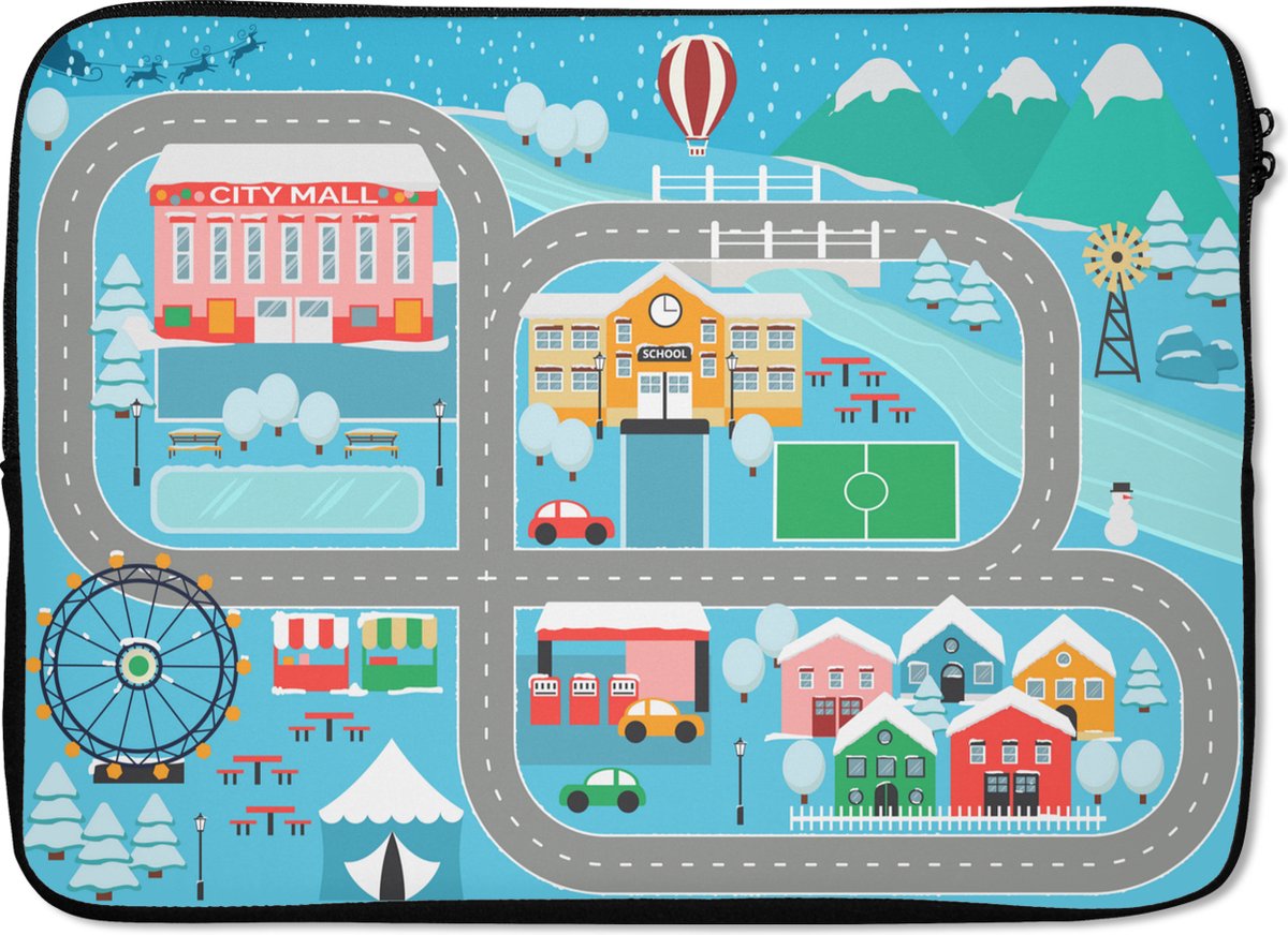 Laptophoes 14 inch - Kinderen - Auto - Winter - Pretpark - Blauw - Laptop sleeve - Binnenmaat 33x23 cm - Zwarte achterkant