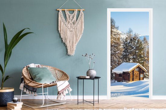 Sticker pour porte Cabane dans les montagnes suisses en hiver - 80x205 cm - Affiche de porte