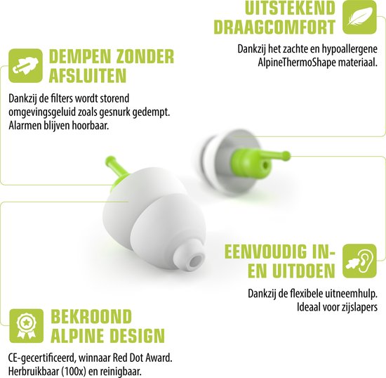 Illustratie van Alpine SleepSoft oordoppen met teksten over draagcomfort, hoe het geluid dempt, gebruiksgemak en Alpine design.