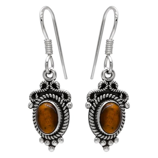 Boucles d'oreilles en argent, pierre Oeil de Tigre aux bords gracieux et parties oxydées