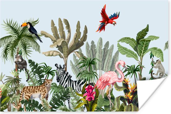 Affiche Jungle - Nursery - Chambre de bébé - Flamingo - Monkey - 180x120 cm XXL