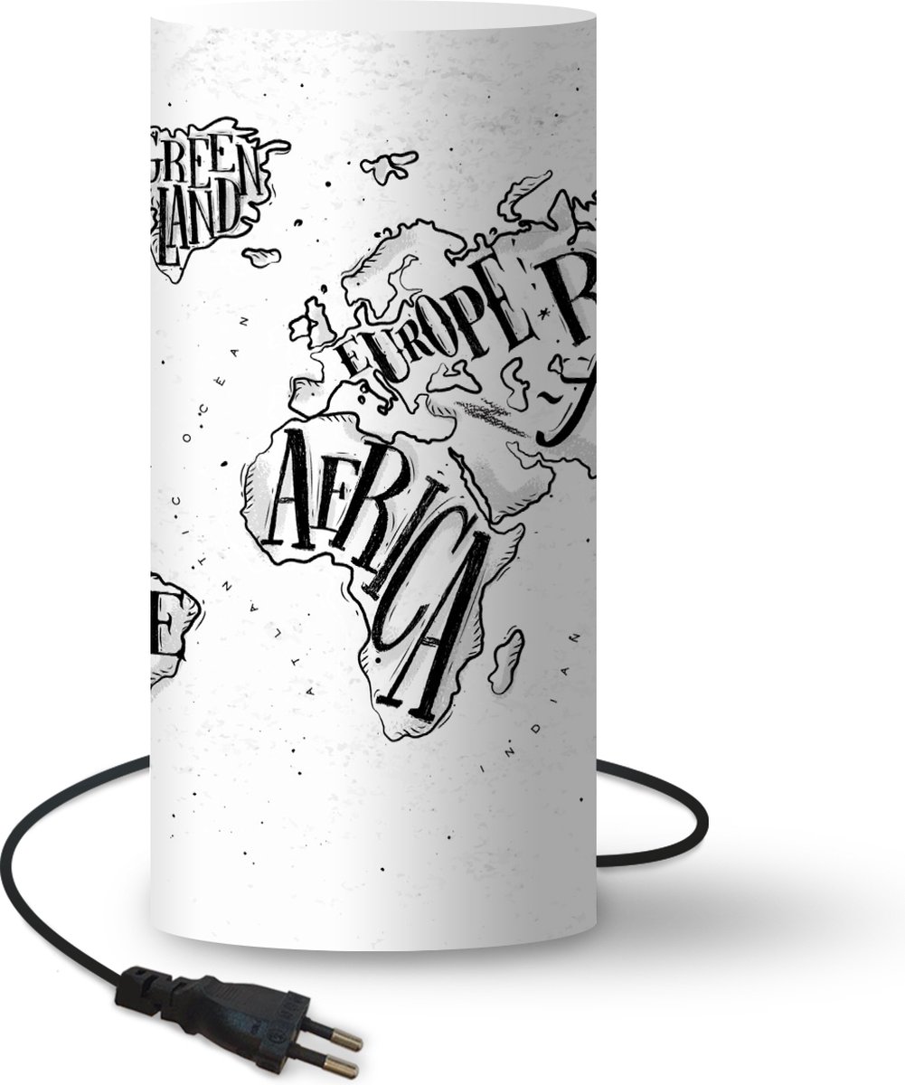 Lamp - Nachtlampje - Tafellamp slaapkamer - Wereldkaart - Wit - Zwart - 33 cm hoog - Ø15.9 cm - Inclusief LED lamp