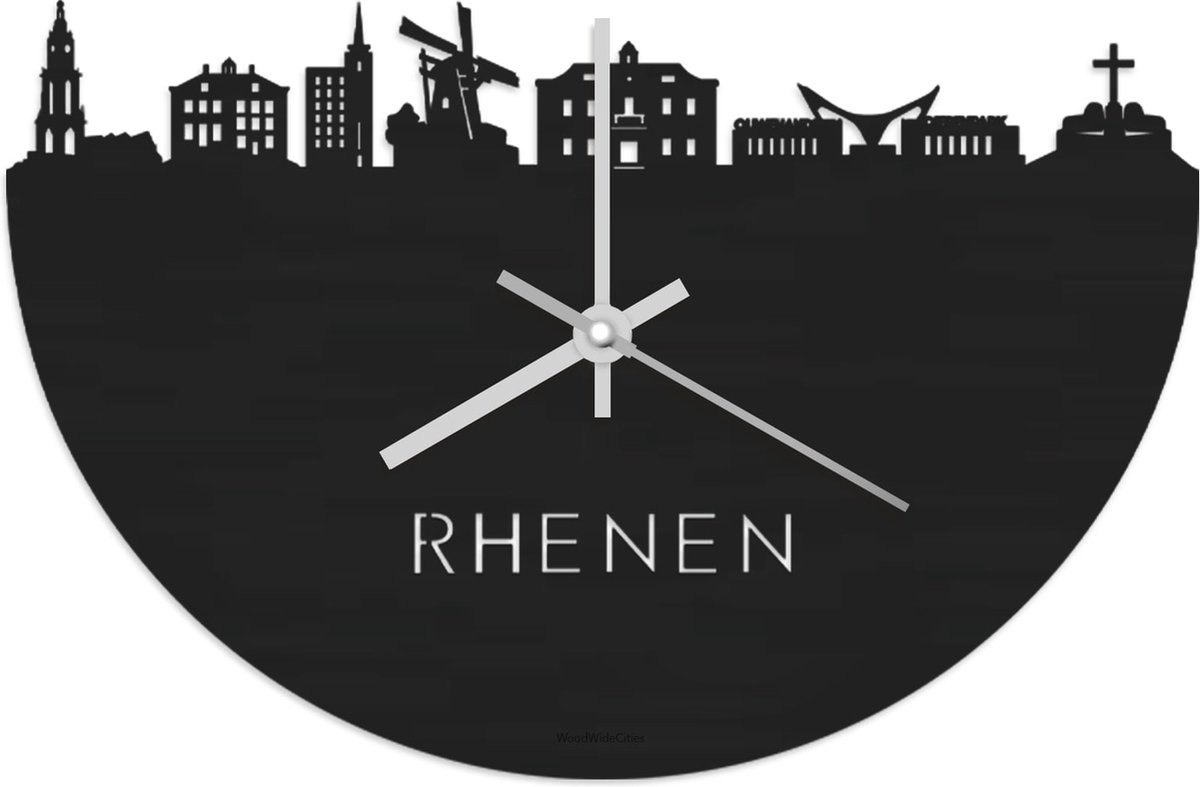 Skyline Klok Rhenen Zwart hout - Ø 40 cm - Stil uurwerk - Wanddecoratie - Meer steden beschikbaar - Woonkamer idee - Woondecoratie - City Art - Steden kunst - Cadeau voor hem - Cadeau voor haar - Jubileum - Trouwerij - Housewarming - WoodWideCities