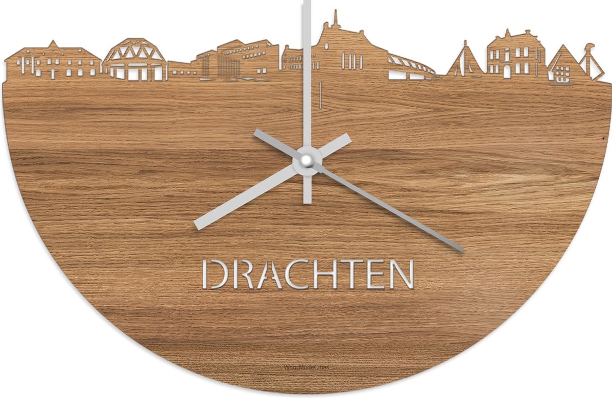 Skyline Klok Drachten Eikenhout - Ø 40 cm - Stil uurwerk - Wanddecoratie - Meer steden beschikbaar - Woonkamer idee - Woondecoratie - City Art - Steden kunst - Cadeau voor hem - Cadeau voor haar - Jubileum - Trouwerij - Housewarming - WoodWideCities