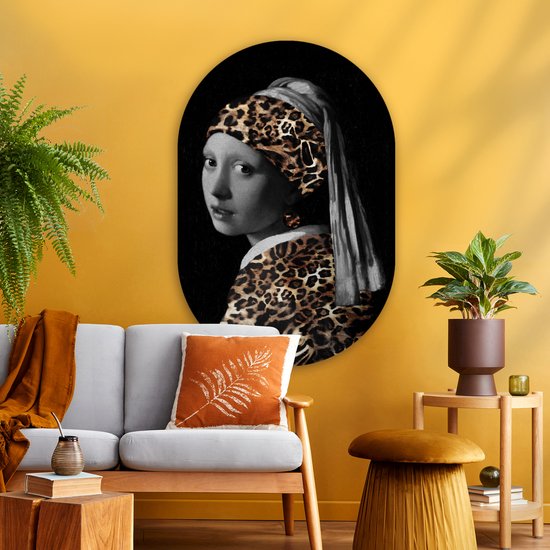 Wall Oval - Décoration murale en plastique - Peinture ovale - La jeune fille à la perle - Johannes Vermeer - Imprimé panthère - 80x120 cm - Forme miroir ovale sur plastique