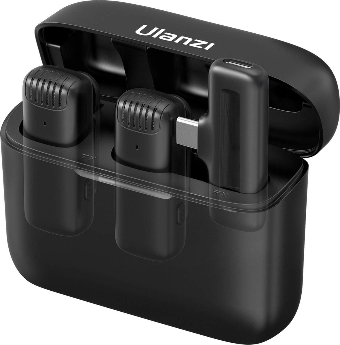 Ulanzi J12 Draadloze smartphone microfoon - USB-C - met oplaadbox - Voor Samsung, iPhone 15, Xiaomi, Oppo, Vivo en telefoon/tablet met USB C poort - Zwart