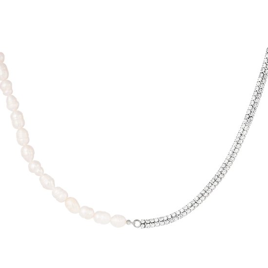 one side pearls ketting - Fanciy.nl - zilver - stainless steel - zirconia - Nikkel vrij - parels - waterproof