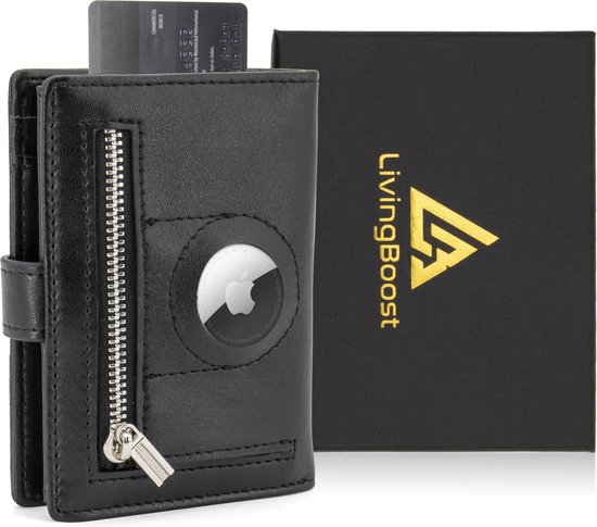 LivingBoost® Apple AirTag Wallet Card Holder Extendable - Wallet Men Women - AirTag Holder Case - Credit Card Holder - RFID & NFC Sécurité - Cuir - Zwart - Coffret cadeau de Luxe inclus