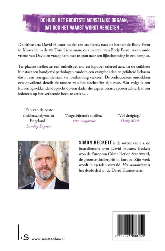 Portret van een kalende man met baard, Simon Beckett, auteur, met tekst 'De huid. Het grootste menselijke orgaan, dat ook het vaakst wordt vergeten...'