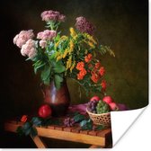 Poster Schilderij - Stilleven - Fruit - Bloemen - Tafel - Kunst - 30x30 cm