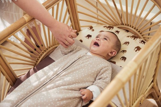 Baby in een wieg met een lakentje met olifantjesprint. Een hand reikt naar de baby.