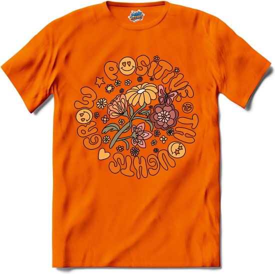 Flower Power - Grow Positive Thoughts - Vintage Aesthetic - T-Shirt - Meisjes - Oranje - Maat 12 jaar