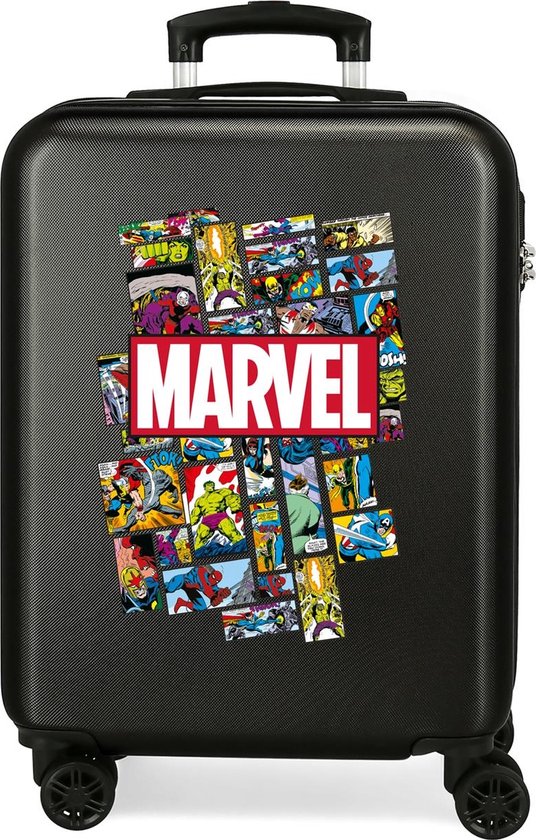 Zwarte koffer met Marvel logo en stripboekafbeeldingen.