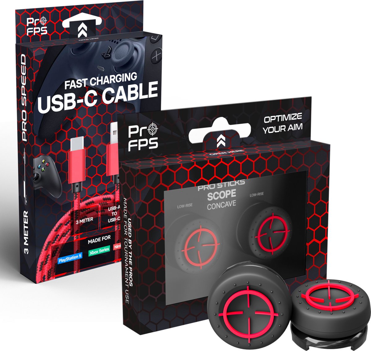 ProFPS Duo Pack geschikt voor PlayStation 5 (PS5) Controller - Thumbsticks Concave + USB C Kabel Oplader - eSports Gaming Accessoires