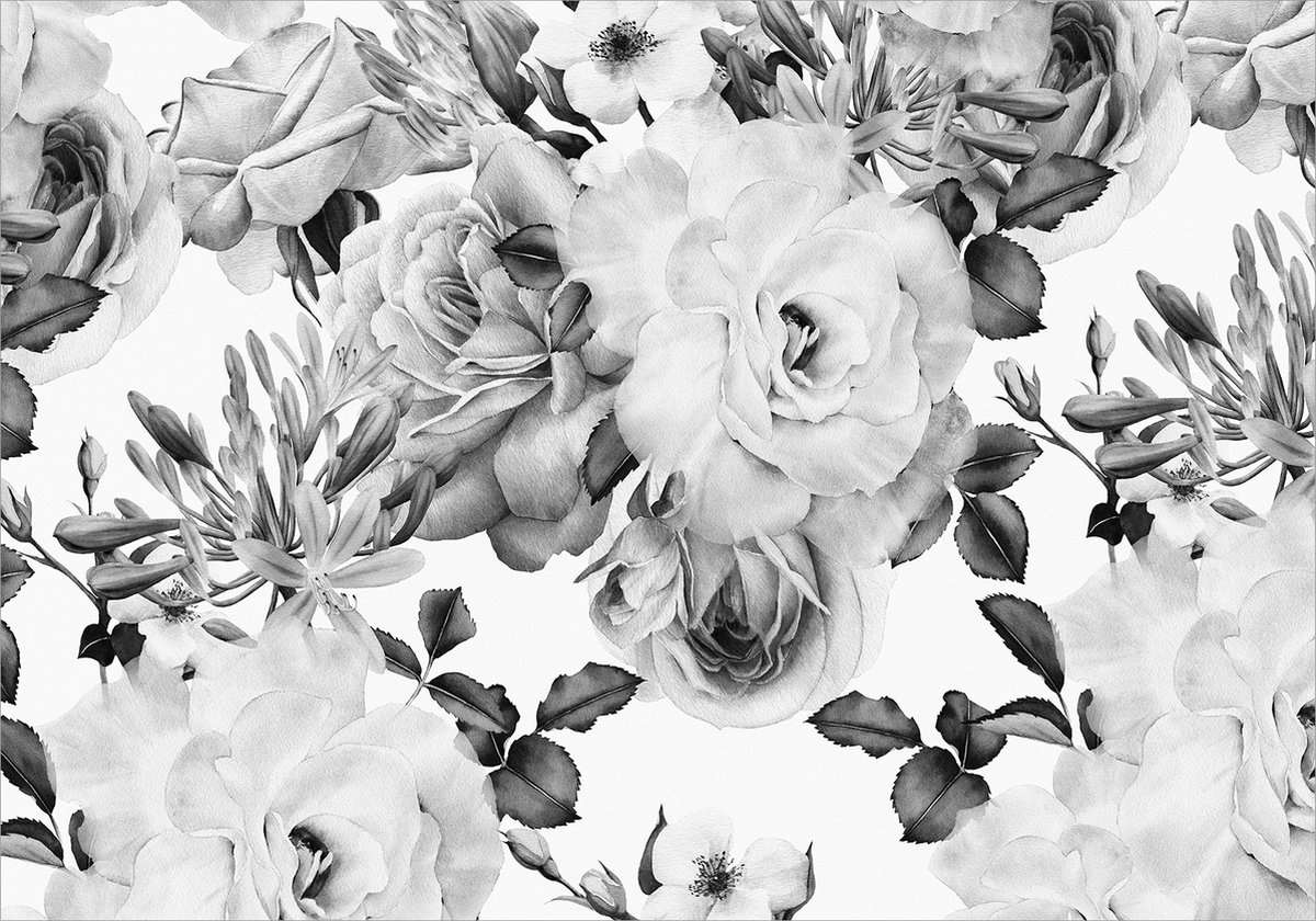 Fotobehangkoning - Behang - Vliesbehang - Fotobehang - Sentimental Garden (Black and White) - Rozen - Bloemen (Zwart-Wit) - 300 x 210 cm
