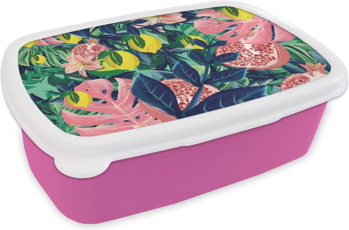 Broodtrommel Roze - Lunchbox - Brooddoos - Bloemen - Fruit - Kleuren - 18x12x6 cm - Kinderen - Meisje