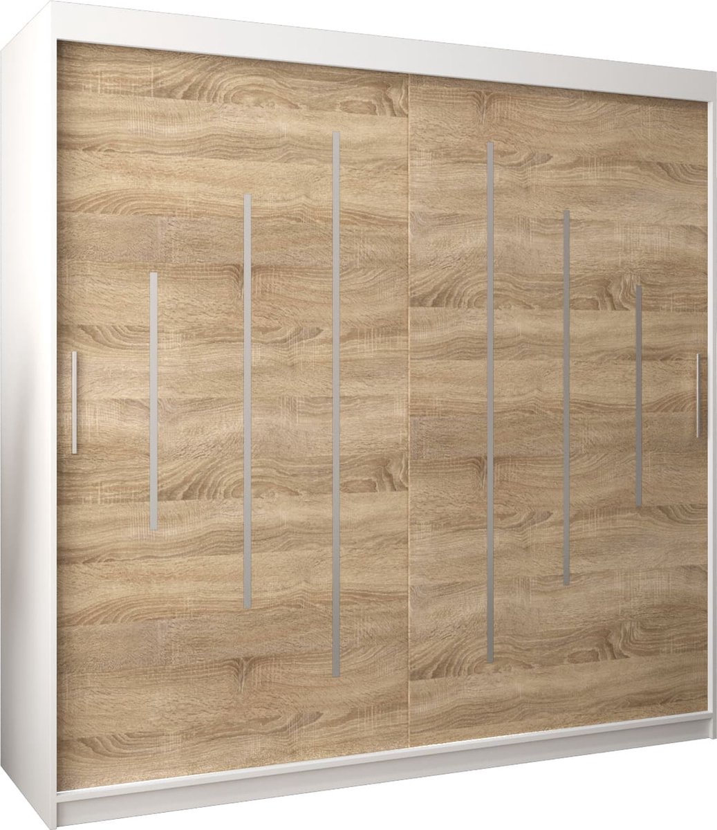 InspireME Kledingkast met 2 schuifdeuren, Modern-stijl, Een kledingkast met planken (BxHxD): 200x200x62 - MALTESE 200 Wit Mat + Sonoma Eik