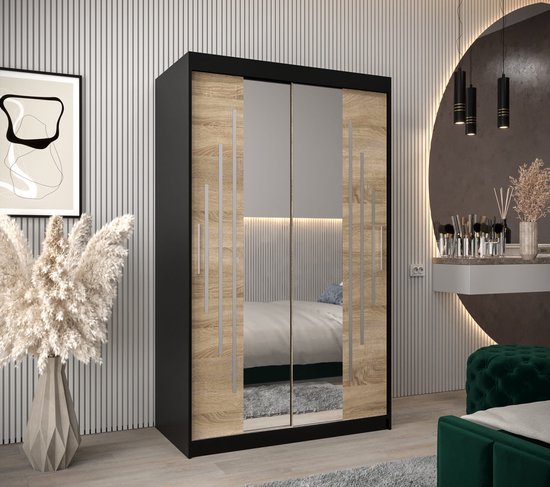 InspireMe - Armoire avec 2 portes coulissantes, Style moderne, Une armoire avec des étagères et un miroir (LxHxP): 120x200x62 - MALTESE I 120 Zwart Mat + Chêne Sonoma