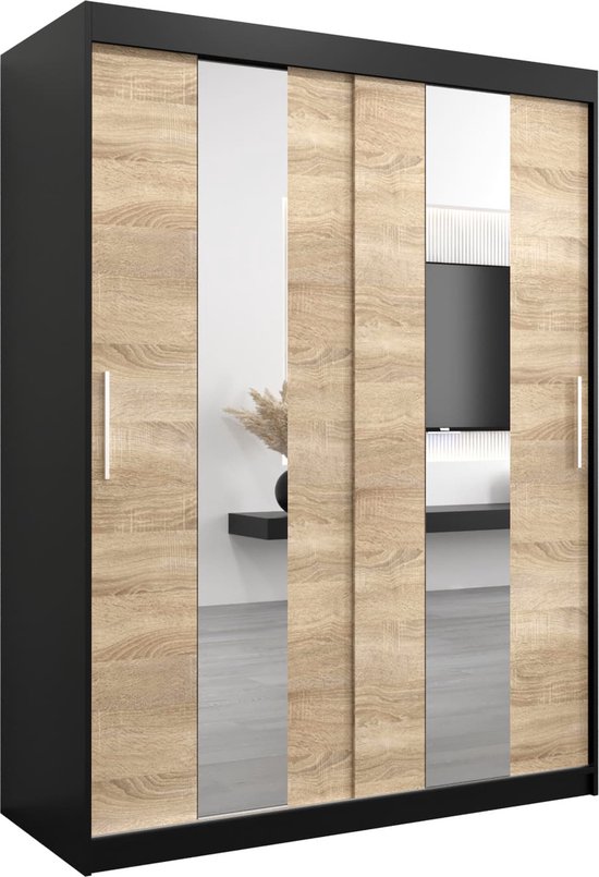InspireMe - Kledingkast met 2 schuifdeuren, Modern-stijl, Een kledingkast met planken en een spiegel (BxHxD): 150x200x62 - DANCE 150 Zwart Mat + Sonoma Eik