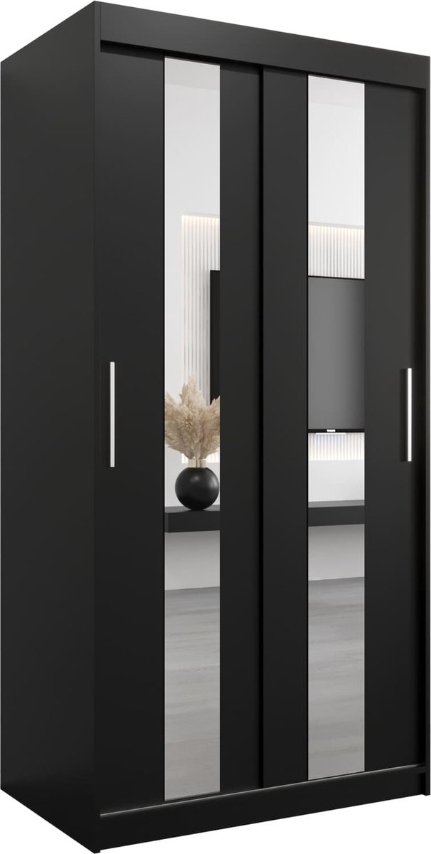 InspireMe - Kledingkast met 2 schuifdeuren, Modern-stijl, Een kledingkast met planken en een spiegel (BxHxD): 100x200x62 - DANCE 100 Zwart Mat