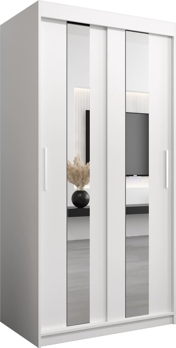 InspireMe - Kledingkast met 2 schuifdeuren, Modern-stijl, Een kledingkast met planken en een spiegel (BxHxD): 100x200x62 - DANCE 100 Wit Mat