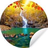 Behangcirkel - Herfst - Waterval - Rots - 120x120 cm - Zelfklevend behang - Behang rond - Behang zelfklevend - Behang cirkel - Ronde schilderijen