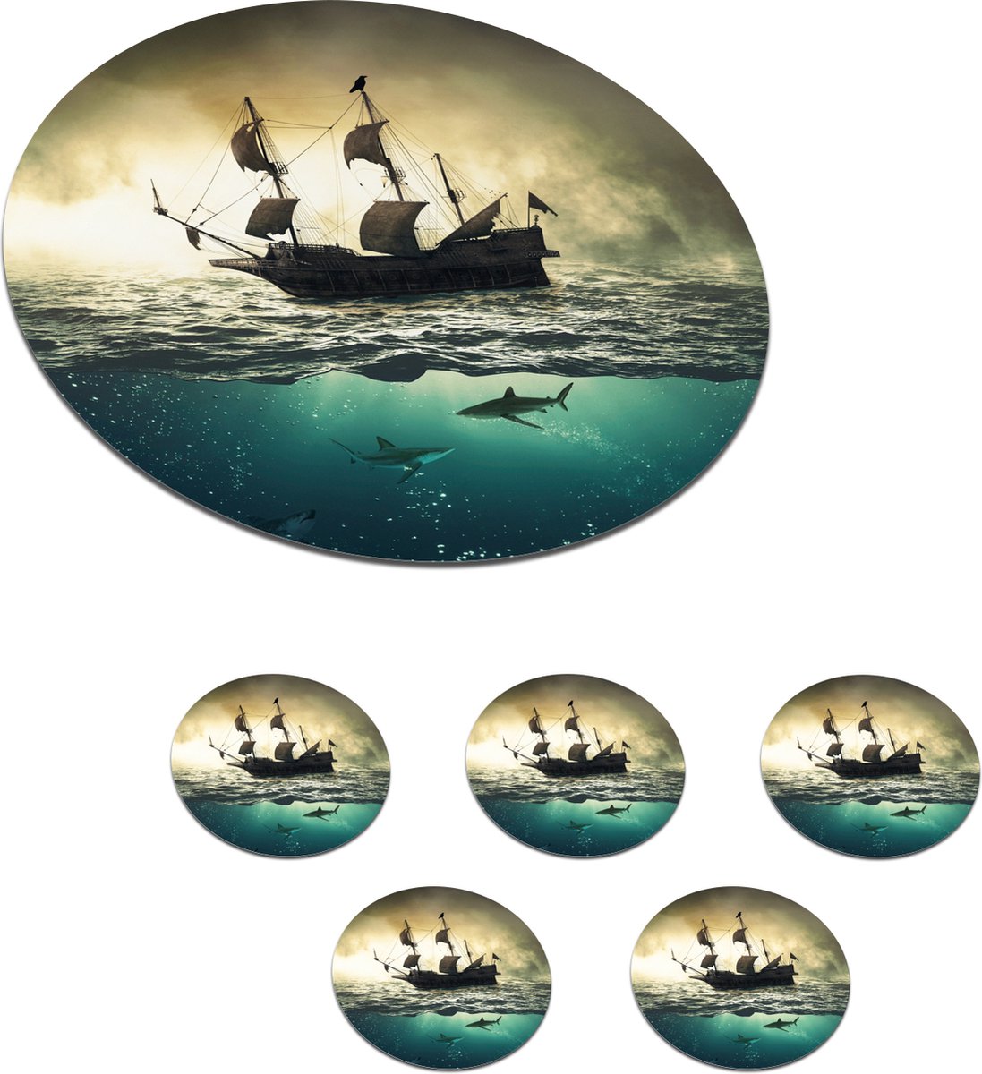 Onderzetters voor glazen - Rond - Zee - Boot - Haai - 10x10 cm - Glasonderzetters - 6 stuks
