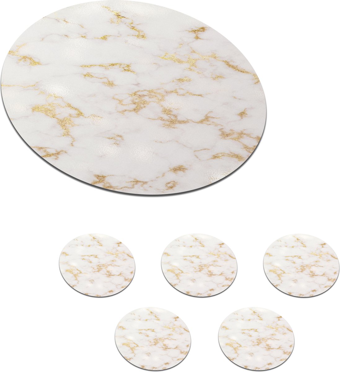 Onderzetters voor glazen - Rond - Marmer - Wit - Goud - 10x10 cm - Glasonderzetters - 6 stuks