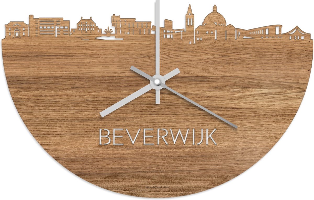 Skyline Klok Beverwijk Eikenhout - Ø 40 cm - Stil uurwerk - Wanddecoratie - Meer steden beschikbaar - Woonkamer idee - Woondecoratie - City Art - Steden kunst - Cadeau voor hem - Cadeau voor haar - Jubileum - Trouwerij - Housewarming - WoodWideCities