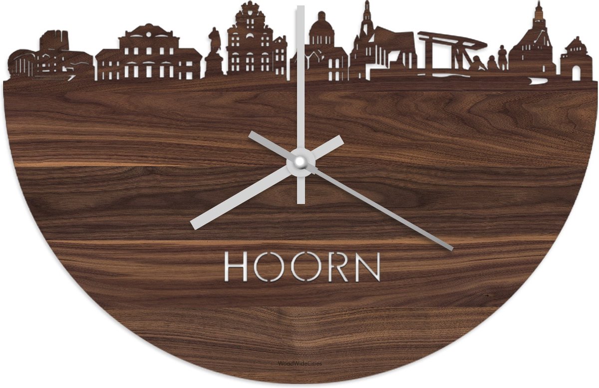 Skyline Klok Hoorn Notenhout - Ø 40 cm - Stil uurwerk - Wanddecoratie - Meer steden beschikbaar - Woonkamer idee - Woondecoratie - City Art - Steden kunst - Cadeau voor hem - Cadeau voor haar - Jubileum - Trouwerij - Housewarming - WoodWideCities