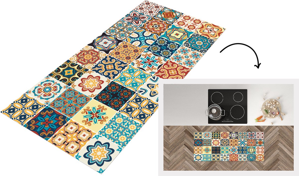KitchenYeah Keukenloper - Loper keuken - Bloemen - Vintage - Patroon - Blauw - Oranje - Keukenloper vinyl Multicolor