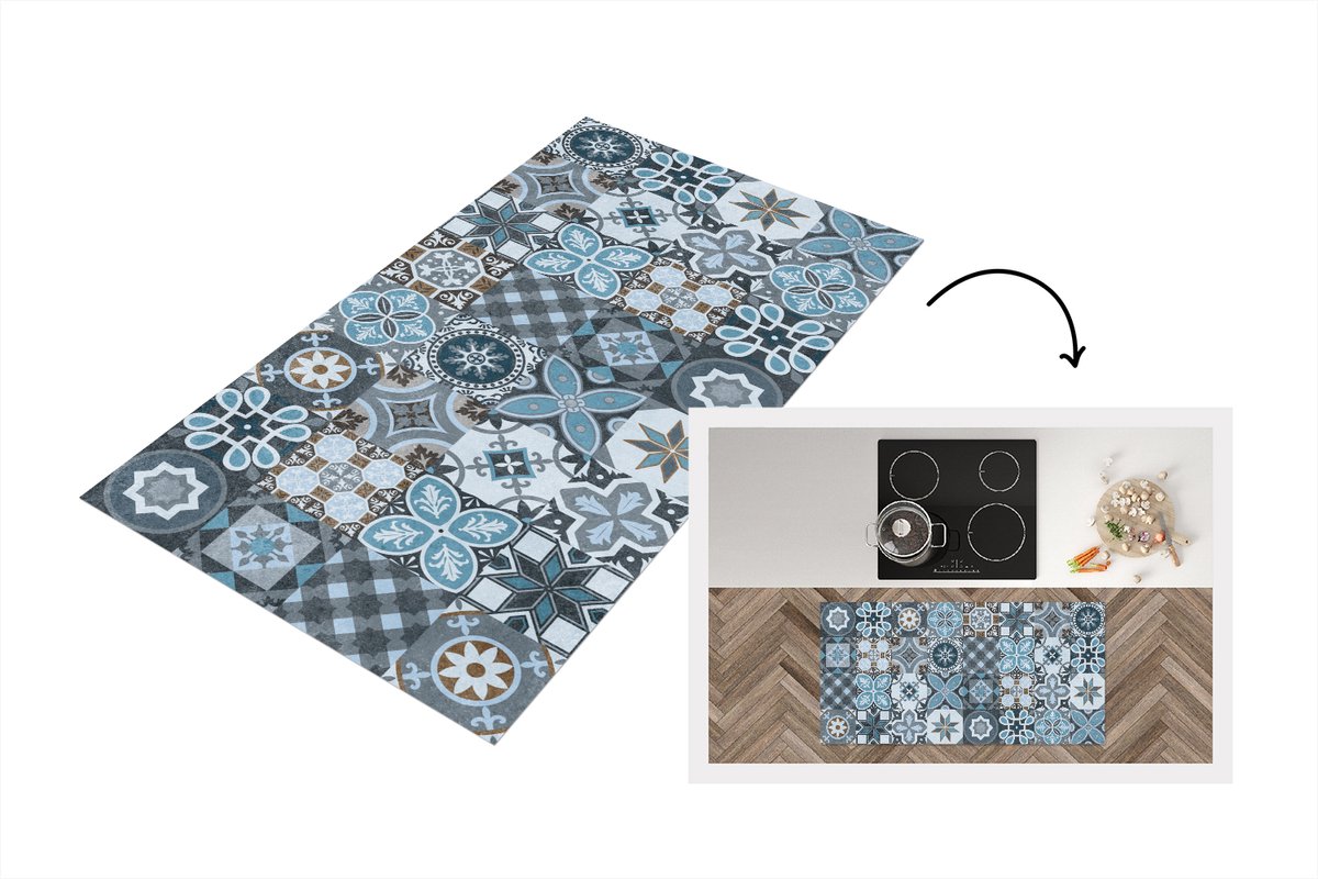 KitchenYeah Keukenloper - Loper keuken - Design - Bloem - Blauw - Figuren - 120x60 cm - Keukenloper vinyl Multicolor