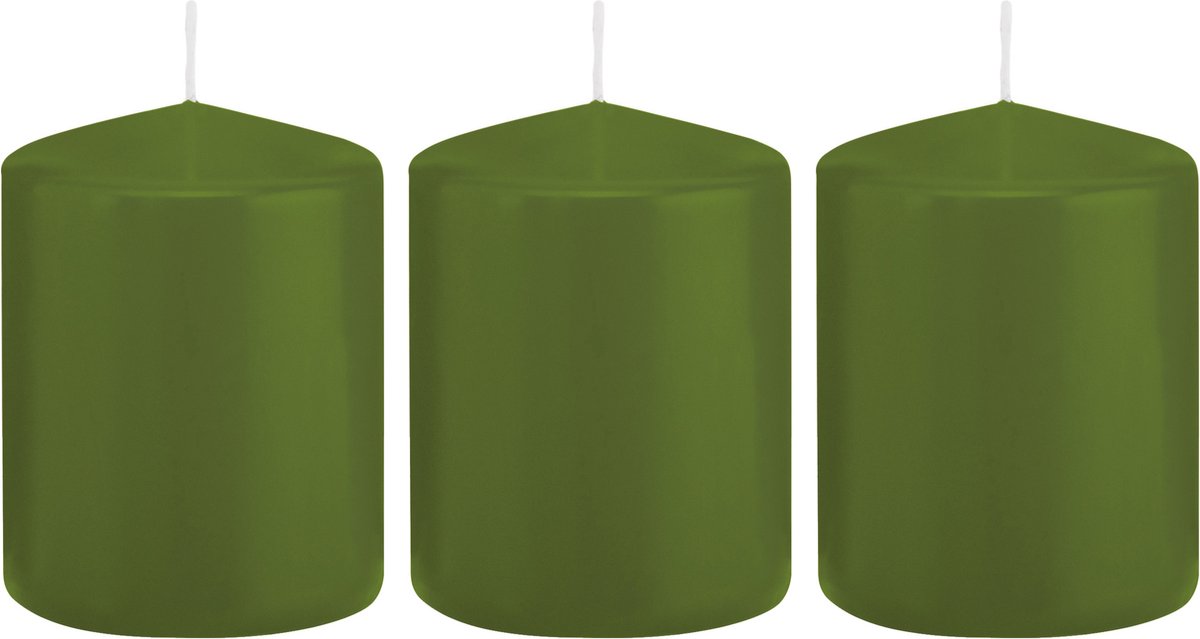 Trend Candles Cilinderkaars/stompkaars - 3x - olijfgroen - 6 x 8 cm - 29 branduren - met brandvertragende folie