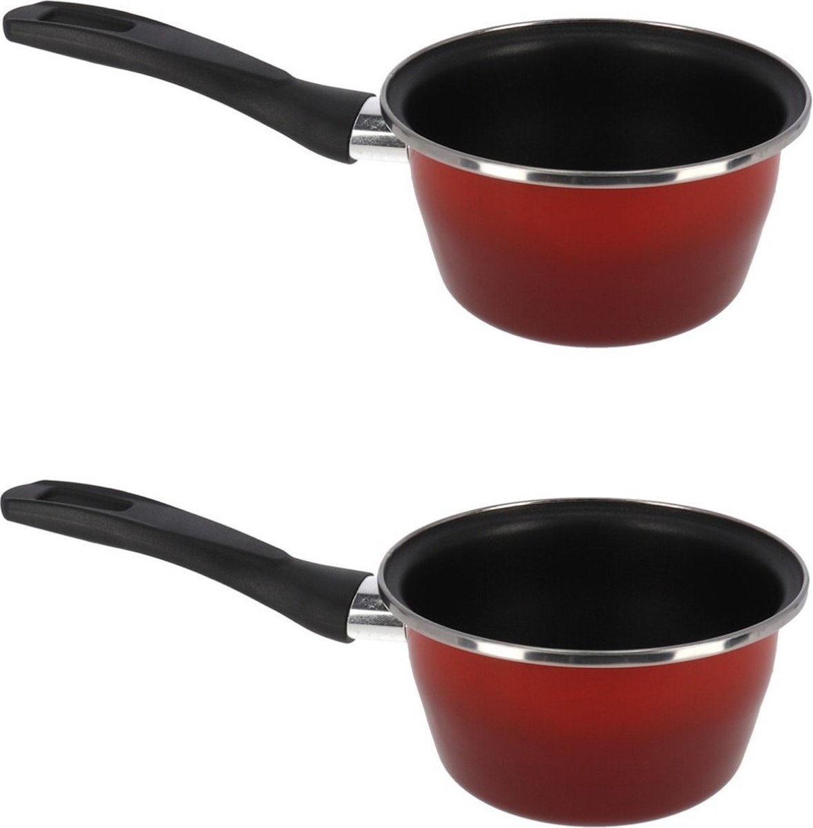 Set van 2x stuks steelpan/sauspan rood anti aanbaklaag 14 cm - 1,5 liter - Voor o.a. saus en jus - Steelpannetjes