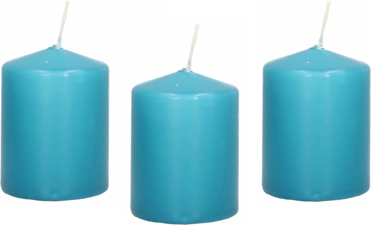 Trend Candles Cilinderkaars/stompkaars - 12x - turquoise - 6 x 8 cm - 29 branduren - met brandvertragende folie