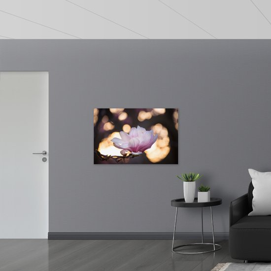 WallClassics - PVC Schuimplaat- Zijaanzicht van Roze Bloem met Lampjes - 105x70 cm Foto op PVC Schuimplaat